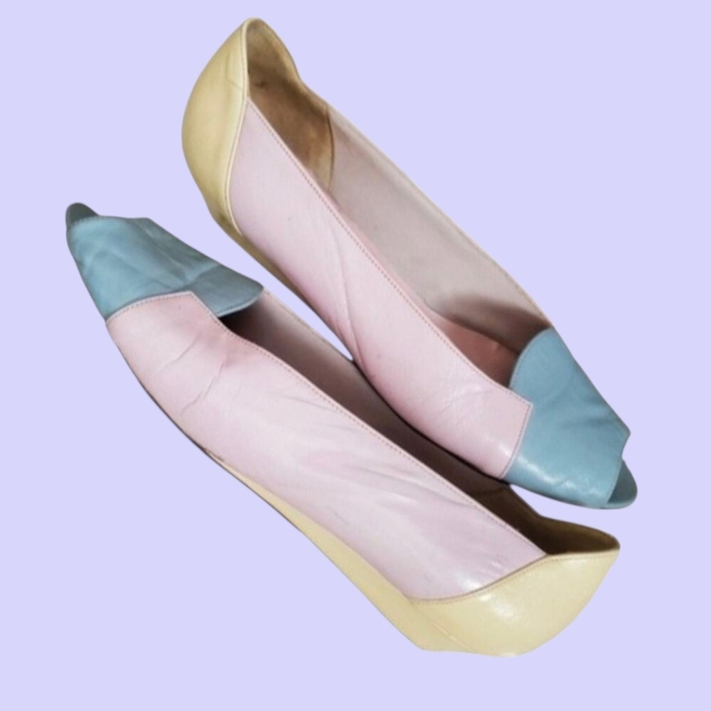 Vintage 80s Cottagecore pastel leather flats 9N - Picture 1 of 13